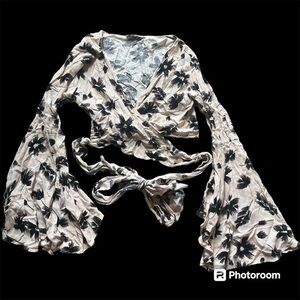 Dainty Hooligan cream black floral cropped blouse with bell sleeves